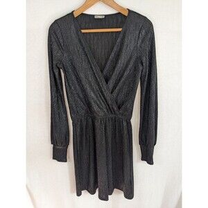 Zara Faux Wrap Dress Metallic Black Shimmer Slinky Textured Sz 8 (S/M)